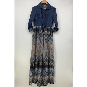 Cato Womens 10 Blue Pink Long Roll Tab Sleeve Maxi Dress Denim and Chiffon